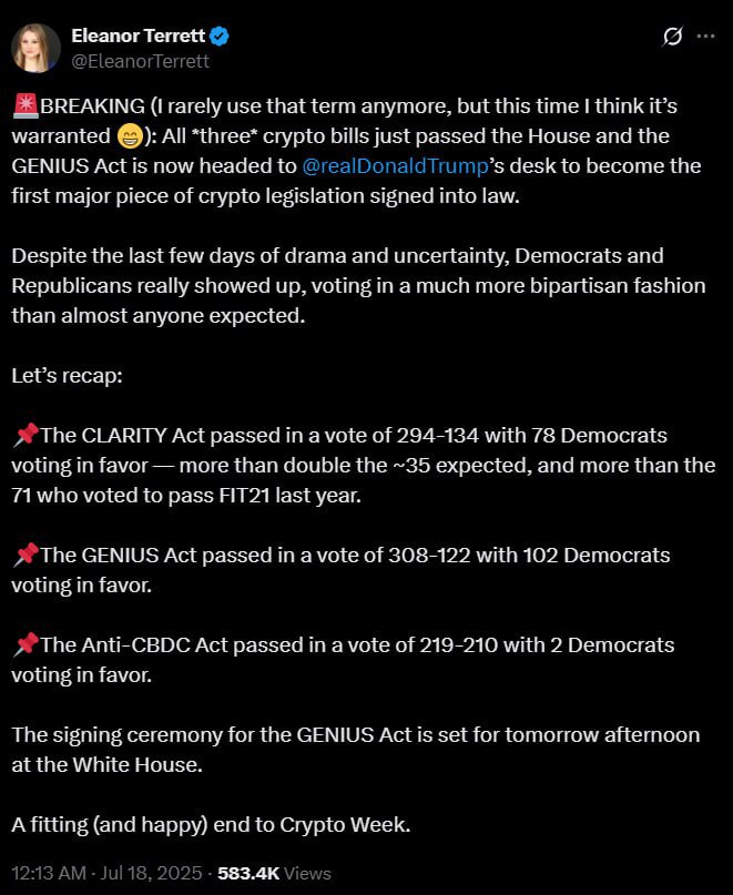 Палата представителей США приняла законопроект "Anti-CBDC Act" с итоговым голосованием 219–210. Далее законопроект направят на голосование в Сенат США.