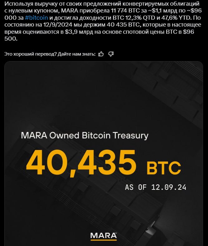 Майнинг-компания Marathon выкупает BTC  Компания приобрела 11 774 BTC на $1.1 млрд по средней цене $96 000 за монету и удерживает на текущий момент 40435 BTC на $3,9млрд   А недавно продавали по $80к... Выглядит логично   Crypto