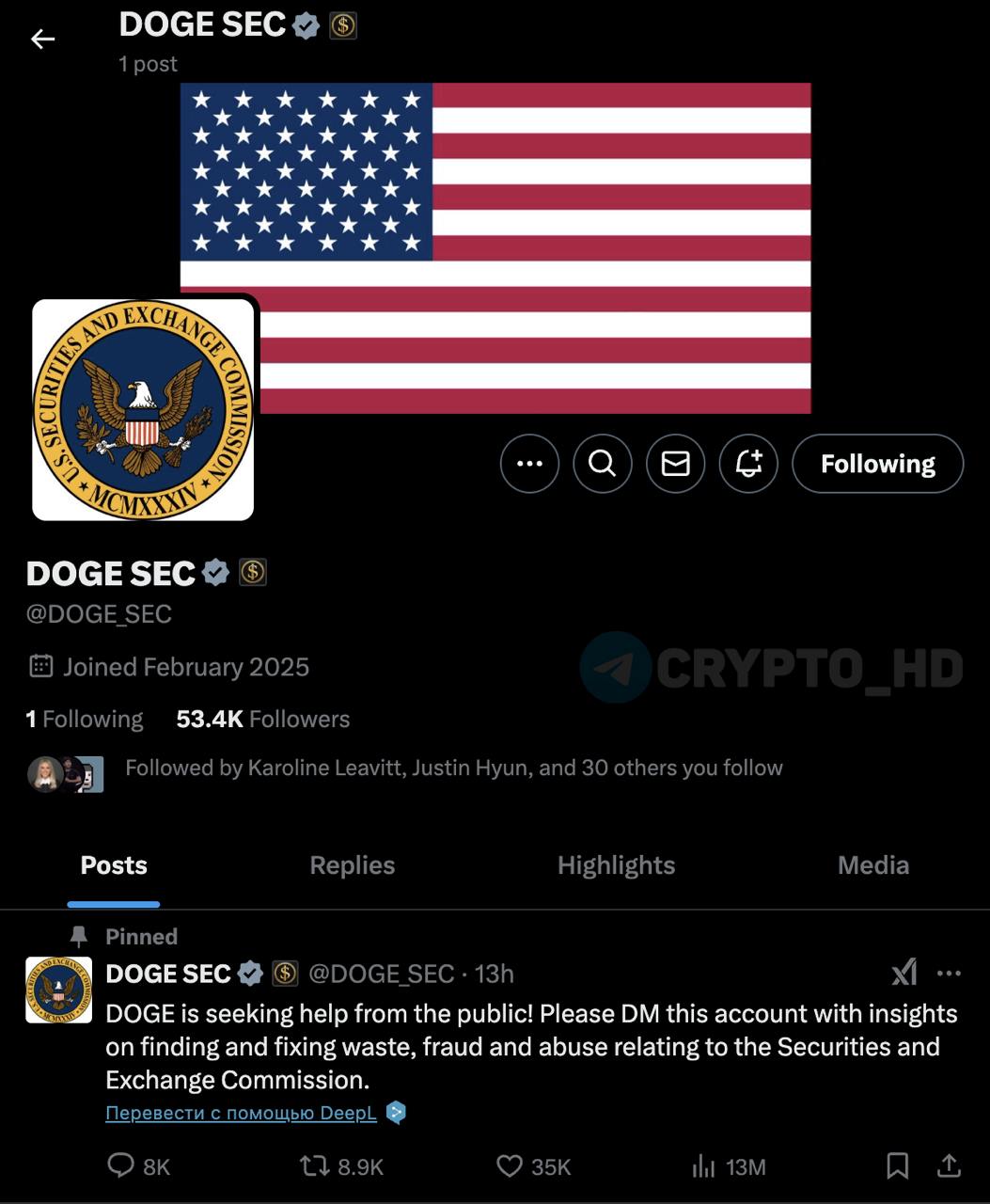 D.O.G.E.  Department of Government Efficiency  проведет аудит SEC.   Для этого в Twitter создан специальный аккаунт DOGE SEC  Ранее:  - аудит золотых запасов - генпрокуроры vs D.O.G.E  Crypto Headlines