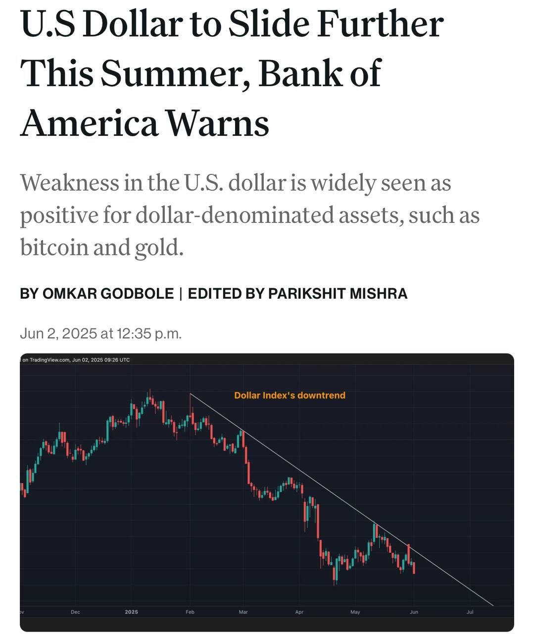Bank of America прогнозирует, что доллар США будет продолжать снижаться этим летом из-за опасений по поводу тарифов.   Слабость доллара может оказать положительное влияние на золото и биткойн.                  КриптоТрейдер 888: КАНАЛ   ЧАТ  MEXC - биржа с самыми низкими комиссиями на торговлю