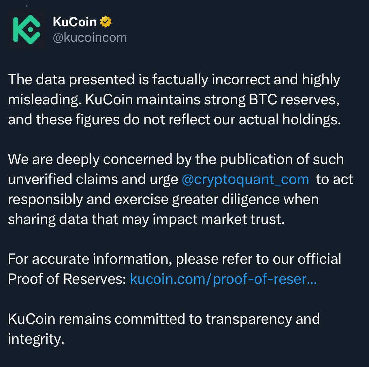 UPD: KuCoin отреагировала на обвинения в потере 77% BTC-резервов. Всё неправда, заявили на бирже — «резервы сильные, CryptoQuant ошиблись». Торгуй криптовалютой на Bybit Крипто Стукач Подписаться