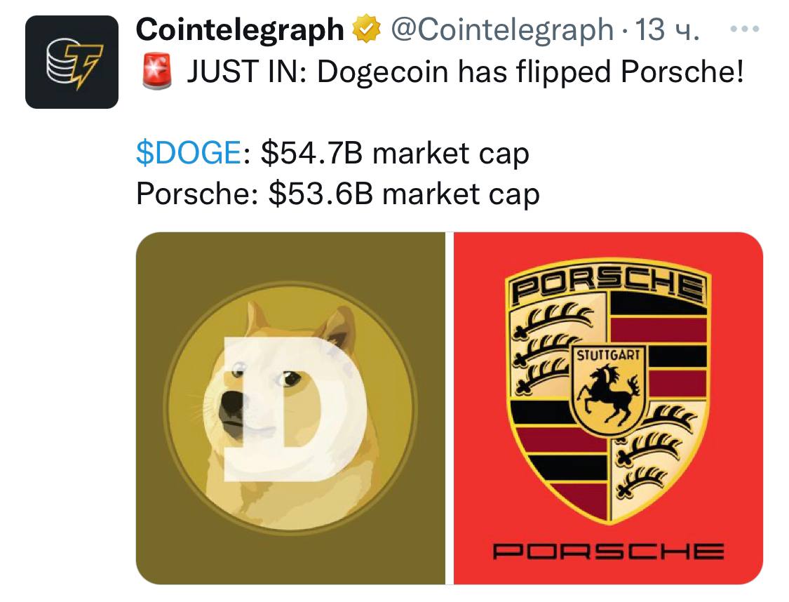 Dogecoin обогнал по капитализации Porsche!    - поддерживайте канал реакцией    - подписывайтесь на Крипто Твиты