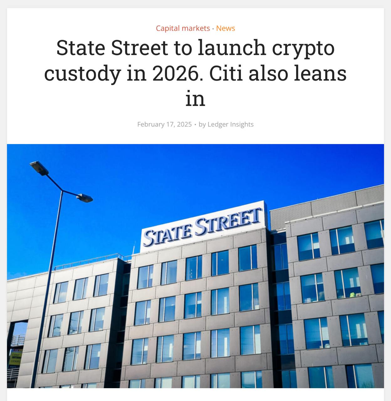 Гиганты на подходе: State Street и Citi готовятся к криптокастоди  Два крупнейших банковских кастодиана мира — State Street  с $46,6 трлн активов под управлением  и Citi  с $25 трлн в кастоди  — готовятся выйти на рынок криптокастоди. State Street планирует запустить сервис хранения крипты уже в следующем году, а Citi активно готовится к запуску, но без дат.