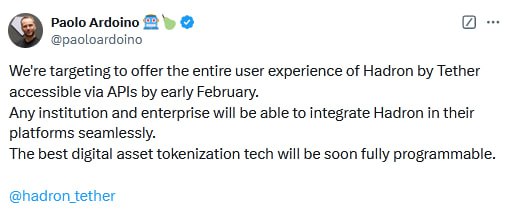 Paolo Ardoino сообщил, что Tether планирует запустить платформу для токенизации активов под названием Hadron к началу февраля 2025 года.  Также Tether инвестировал в эмитента стейблкоинов StablR, который соответствует требованиям MiCA в ЕС.    Наши ссылки    Торгуем на Bybit     Торгуем на BingX      Pro Energy
