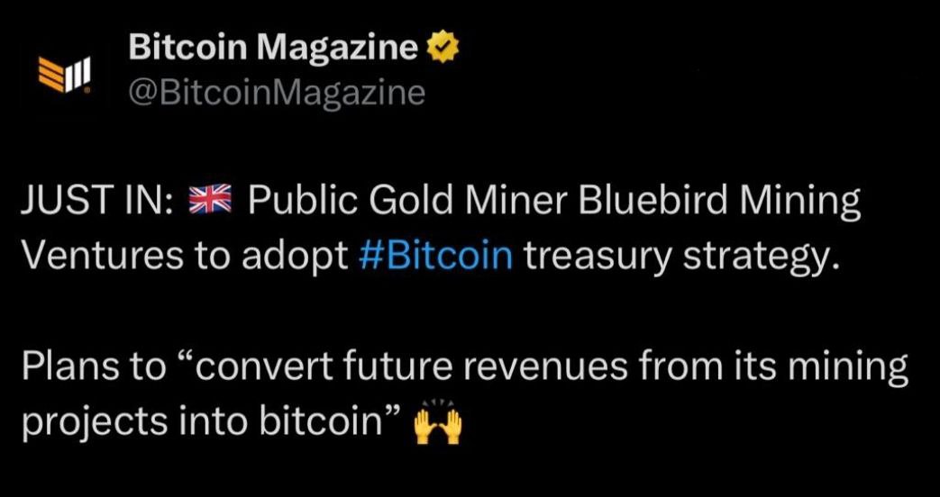 Британские шахтёры пересматривают ценности — Bluebird Mining переходит от золота к Биткоину В компании заявили прямо: золото теряет позиции в качестве главного защитного актива. Причина — растущее признание Биткоина как цифровой альтернативы. Bluebird намерена частично сократить золотые резервы и переложить капитал в BTC, называя это «естественным этапом эволюции активов». То, что вчера добывали из-под земли, сегодня заменяется тем, что создаётся строками кода. КриптоТрейдер 888: КАНАЛ ЧАТ MEXC - биржа с самыми низкими комиссиями на торговлю