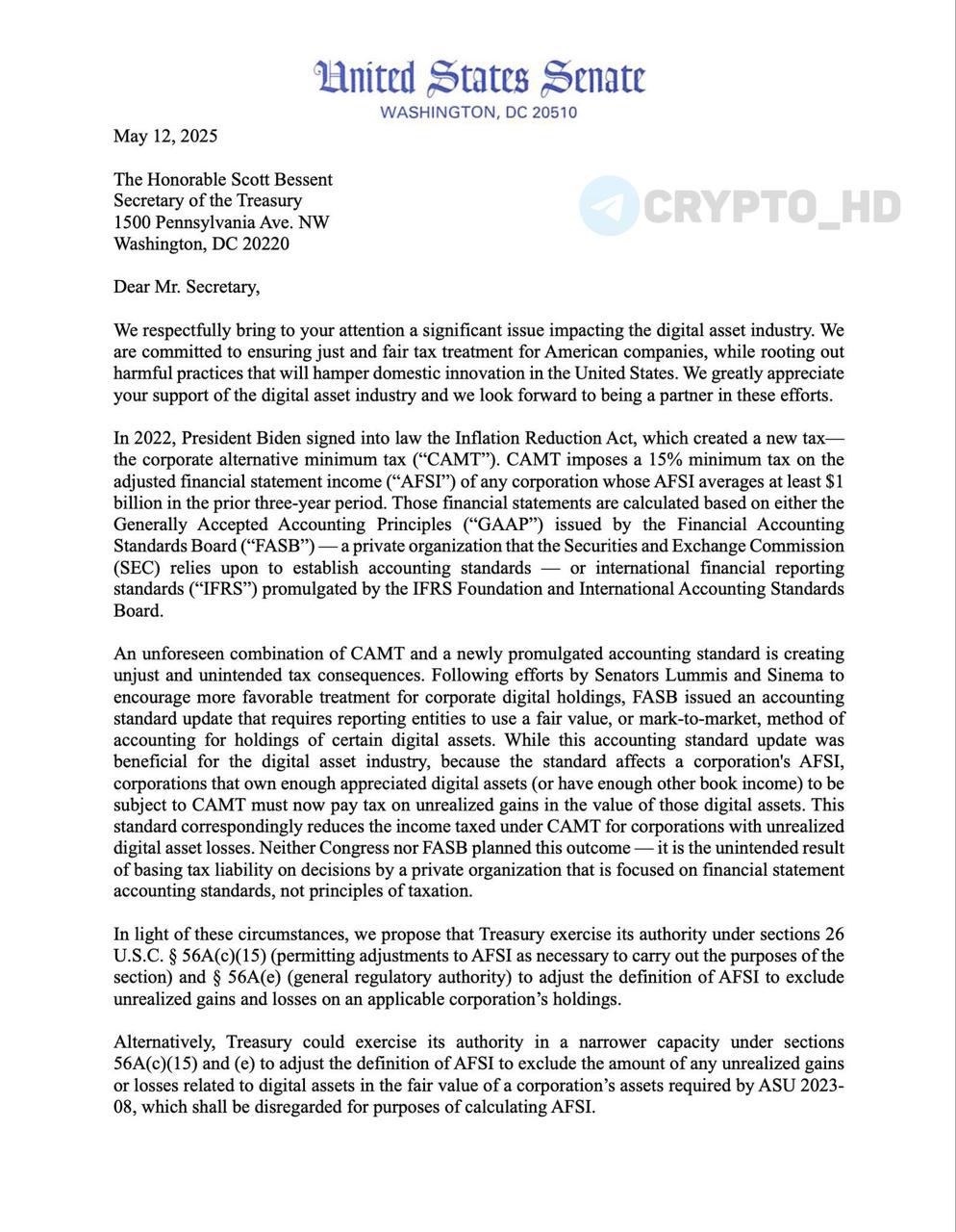 Сенаторы требуют отмены налога на нереализованную прибыль от Биткоина original Сенаторы Синтия Ламмис и Берни Морено обратились к Министерству финансов США с призывом отменить налог на нереализованную прибыль от цифровых активов, включая Биткоин. По их мнению, налог: – мешает развитию американских криптокомпаний – ослабляет конкурентные позиции США на глобальном рынке – ставит под угрозу лидерство страны в финтех-инновациях Ранее: план сенатора C. Ламмис Crypto Headlines