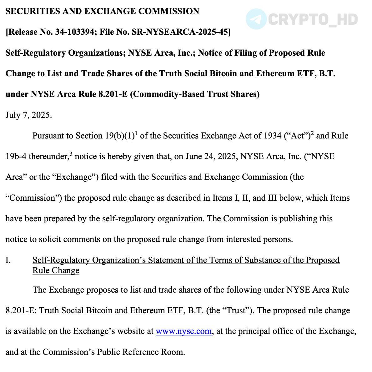 SEC приняла на рассмотрение заявку на запуск Bitcoin и Ethereum ETF от Truth Social компании Трампа – документ Ранее: заявка в SEC Crypto Headlines