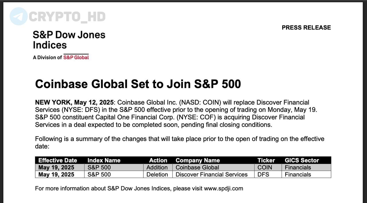 Биржу Coinbase официально включат в индекс S&P 500 19 мая CNBC Crypto Headlines