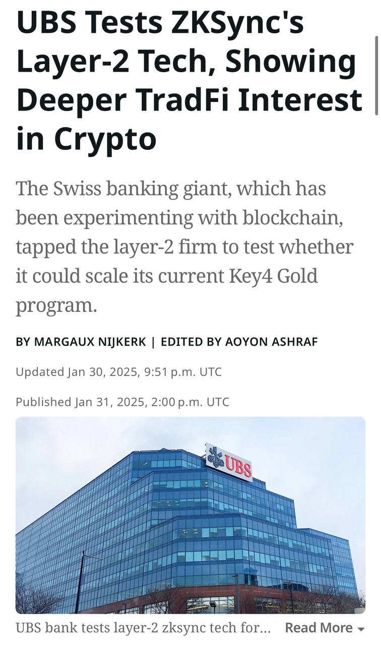 UBS тестирует ZKSync для интеграции в UBS Key4 Gold – Coindesk  Швейцарский банк UBS  AUM: $6T+  изучает блокчейн-технологии для цифровой покупки физического золота.    Gem Hunters l Чат    Bybit  OKX