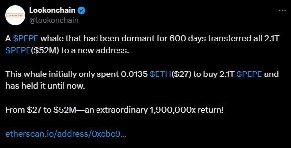 Трейдер превратил $27 в $52 млн на PEPE всего за 600 дней    Почти два года назад он приобрел 2,1 трлн PEPE за $27. Сейчас цена монет выросла до $52 млн с доходностью более 1,9 млн иксов. Почему он, а не я!    ————————————— Exchanges:   Bybit   OKX