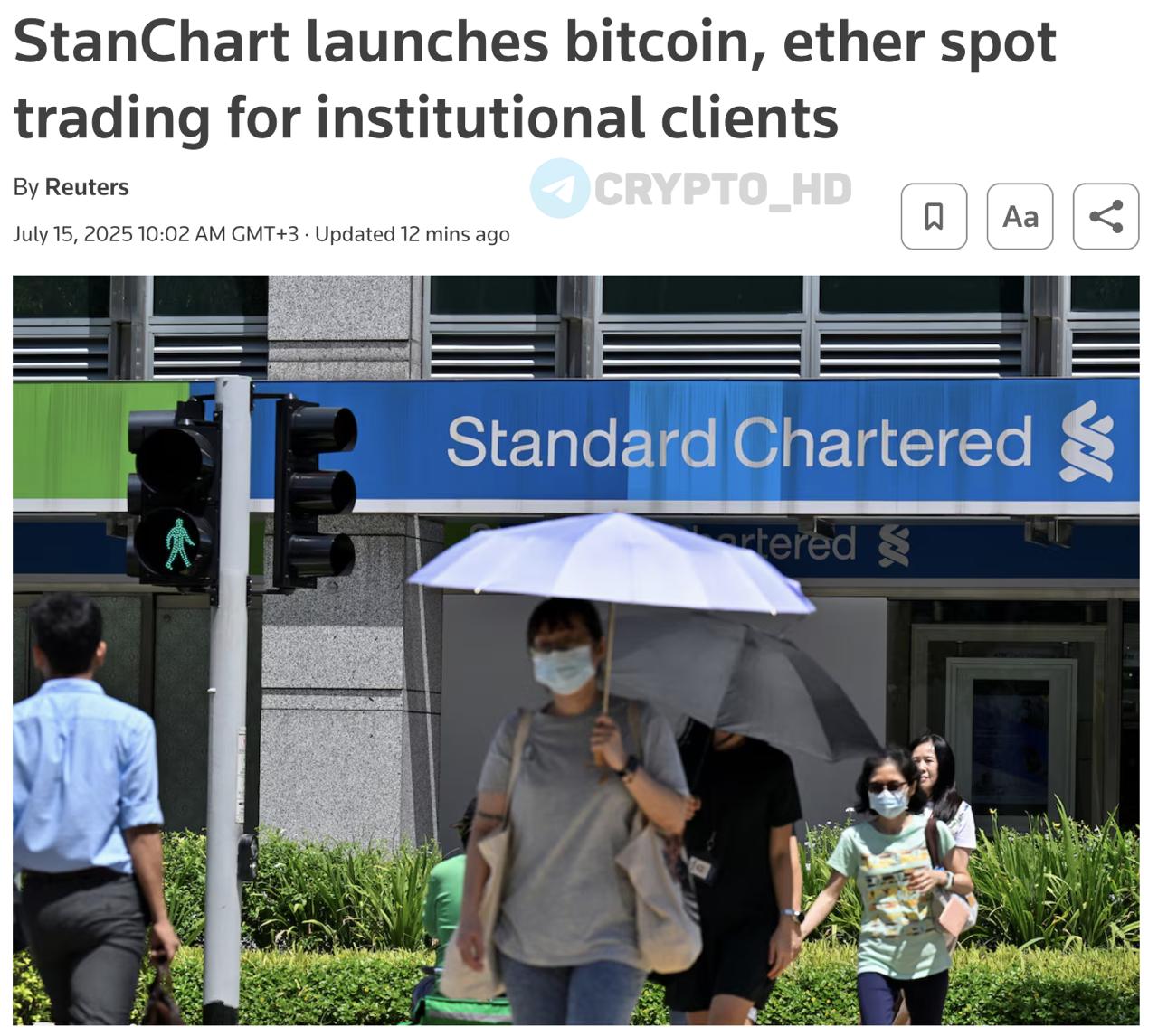 Standard Chartered стал первым глобальным банком, запустившим спотовую торговлю BTC и ETH для институциональных клиентов – Reuters Сделки доступны через привычные интерфейсы, аналогичные валютному рынку FX . Ранее: стейблкоин в Гонконге Сryptо Headlines