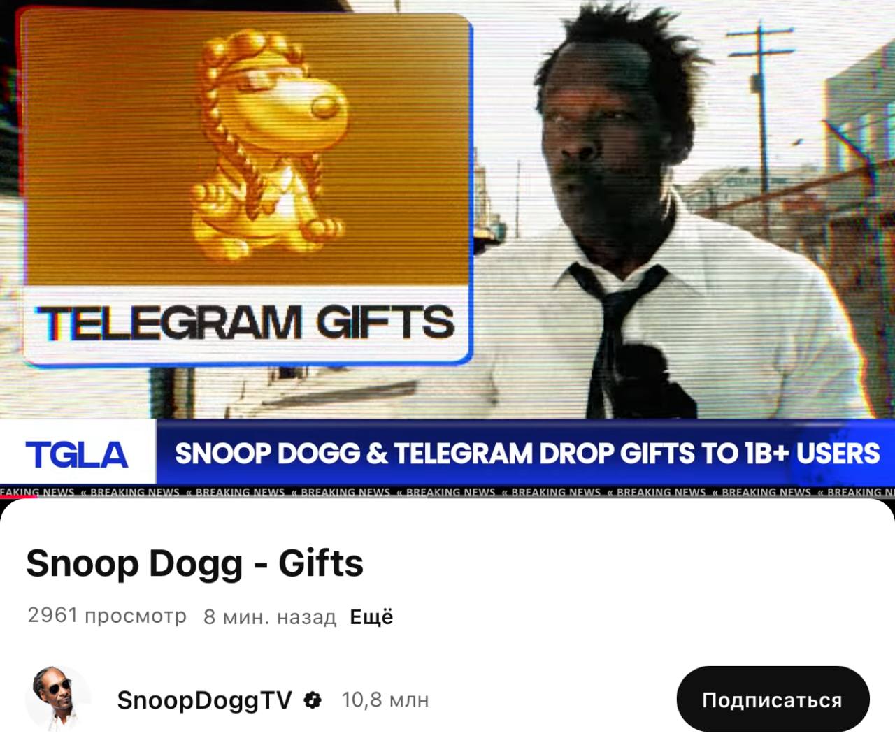 Snoop Dog залил видосик на свой ютуб о подарках в телеграм! Снуп Дог на 10млн подписчиков сделал видос про подарки в тг Я вам ранее писал о том, что Дуров через медийных людей в "Омерике", будет двигать подарки в телеграм: Да и в целом про подарки в тг, говорилось с первого дня их существования Если бы мне не удалили аккаунт, где были все мои подарки, я был бы сейчас счастлив...но ладно...кто помнит, тот поймет о чем я... В целом ожидается скорее всего вторая волна роста подарков! Правда если бы ТОН еще не делали фейк вкиды про визы в Дубай и прочую дичь, было бы хорошо... Больше сигналов BingX +200$ бонус