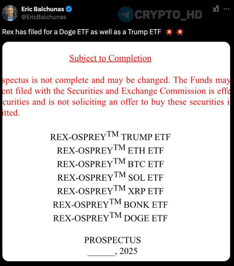 Eric Balchunas: Компания Rex подала заявки на запуск ETF на токены #DOGE, #TRUMP, #SOL, #XRP, #BONK, #ETH и #BTC.  Crypto Headlines