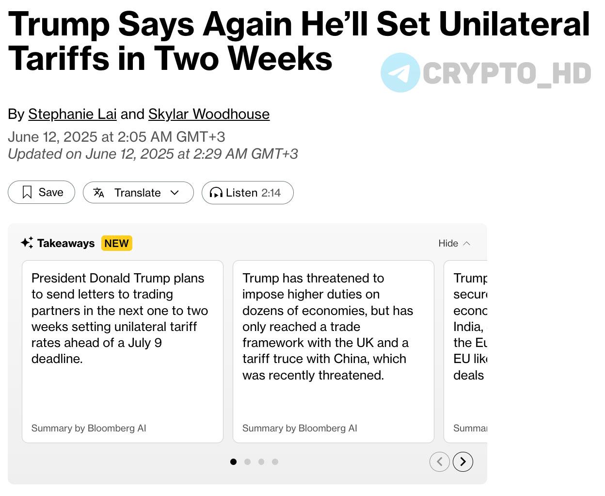 #торговаявойна Bloomberg: Дональд Трамп намерен в течение следующих 1-2 недель направить письма торговым партнерам с указанием односторонних тарифных ставок. Напомним, 9 июля – крайний срок для повторного введения более высоких пошлин для десятков стран. Crypto Headlines