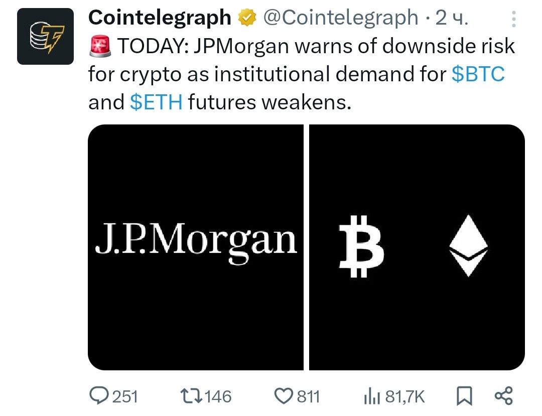 JPMorgan предупреждает о риске падения криптовалют на фоне снижения институционального спроса на фьючерсы BTC и ETH. - поддерживайте канал реакцией - подписывайтесь на Крипто Твиты