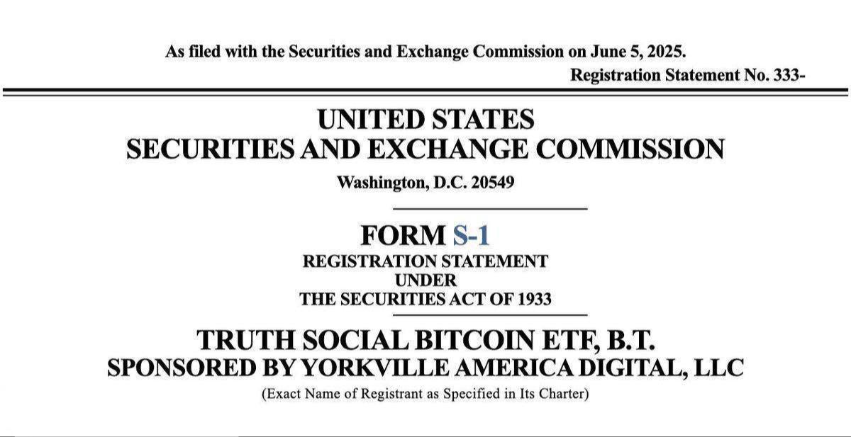 Truth Social подала заявку на спотовый Bitcoin-ETF 5 июня 2025 года в SEC поступила форма S-1 от Truth Social Bitcoin ETF, B.T., спонсором выступает Yorkville America Digital, LLC. Платформа, связанная с Дональдом Трампом, официально выходит в биткоин-финансовый сектор. Это первая прямая попытка экс-президента встроиться в криптоинфраструктуру — уже не словами, а фондом. Оставайтесь в курсе последних новостей вместе с