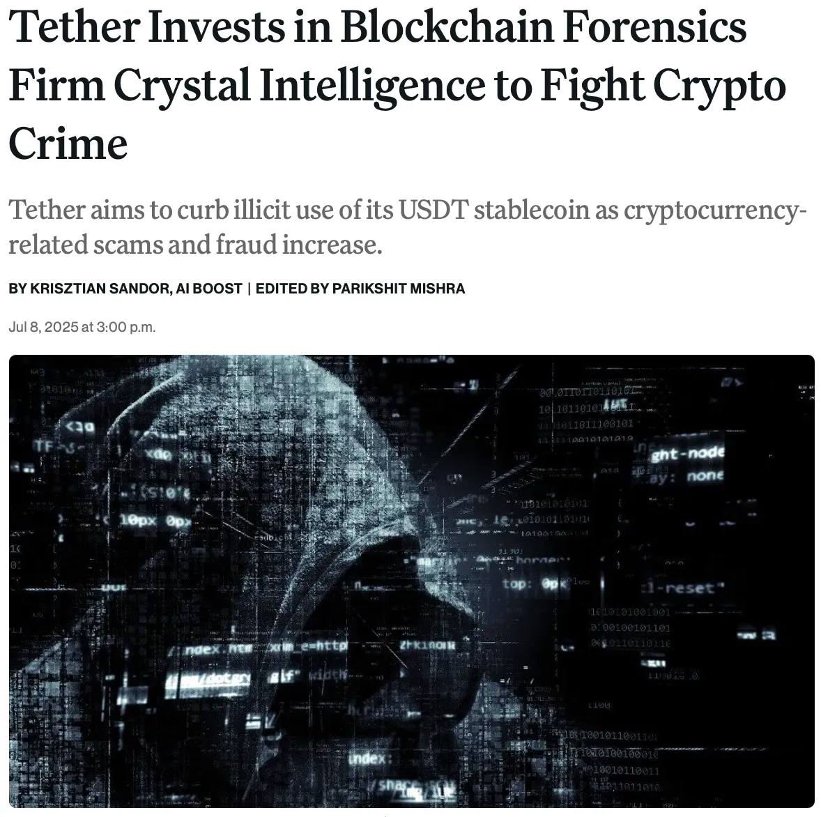 Tether инвестирует в Crystal Intelligence для усиления борьбы с криптопреступностью.