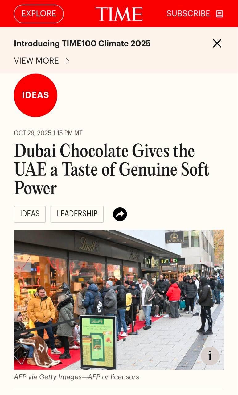Журнал Time назвал дубайский шоколад главным инструментом мягкой силы ОАЭ По мнению издания ни один даже самый масштабный проект страны не оказал столь сильного влияния на её позитивный имидж за рубежом