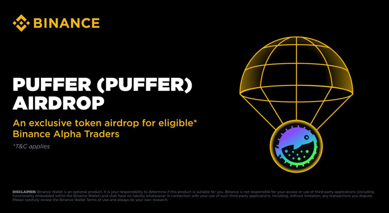 #Binance: Раздача PUFFER нужно 186 поинтов Binance анонсировал раздачу PUFFER от проекта Puffer за холд поинтов в честь запуска на Binance Alpha. Требования: Для доступа нужен Binance Web3 Wallet РФ в бане . Нужно от 186 поинтов или от 147 по 185 и UID заканчивающийся на 5. Раздали по 362 PUFFER или по ~105$. Также анонсировали раздачу NXPC, листинг на Binance Alpha запланирован 15.05. Детали: С 13.05 холдеры поинтов, которые соответствуют требованиям, смогут перейти на страницу Alpha активности, для получения дропа Slavik investor links