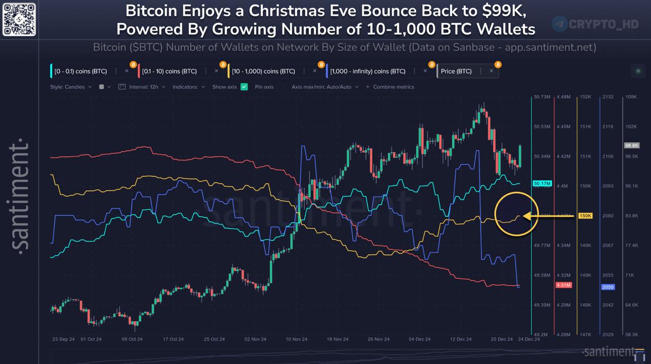 Santiment: Трейдеры продолжают накапливать Биткоин.  Количество BTC-кошельков по размерам:   0-0,1 BTC: 50,170,000  0,1-10 BTC: 4,310,000  10-1000 BTC: 150,130  1000+ BTC: 2,050  Бычий рынок продолжится, если последние две группы будут и дальше покупать BTC, как это было весь 2024 год.  Crypto Headlines