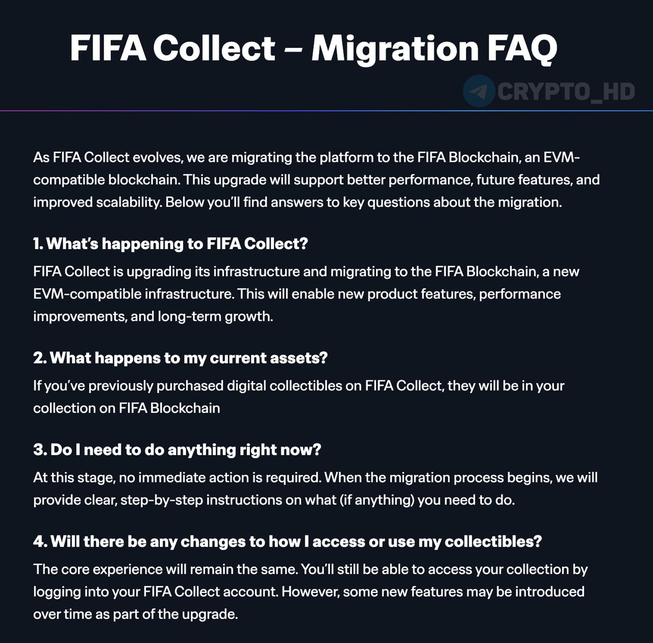 В FIFA запустят «FIFA Blockchain» - анонс Платформа FIFA Collect переходит на новую EVM-совместимую инфраструктуру — FIFA Blockchain. Algorand-кошельки больше не поддерживаются. Миграция станет доступна не раньше 20 мая 2025 года. Ранее в FIFA Collect использовали блокчейн Algorand #ALGO для чеканки NFT. Crypto Headlines