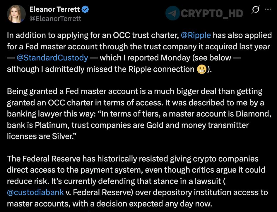 #XRP В Ripple планируют получить мастер-аккаунт в ФРС – Элеанор Террет Компания Ripple подала заявку на получение главного счета в ФРС Fed master account через приобретенную в прошлом году трастовую компанию Standard Custody. Получение мастер-аккаунта дает значительно более высокий уровень доступа, чем банковская лицензия OCC. Один из юристов описал иерархию так: «Мастер-аккаунт – бриллиант, банковская лицензия – платина, трастовые компании – золото, а лицензия на перевод средств – серебро». ФРС традиционно отказывала криптокомпаниям в прямом подключении к платежной системе, ссылаясь на риски. Однако этот подход сейчас оспаривается в суде дело Custodia Bank vs ФРС . Мастер-аккаунт ФРС – учетная запись, которая предоставляет финансовому учреждению прямой доступ к платежной инфраструктуре ФРС например, системе межбанковских расчетов и услуг по переводу средств . Crypto Headlines