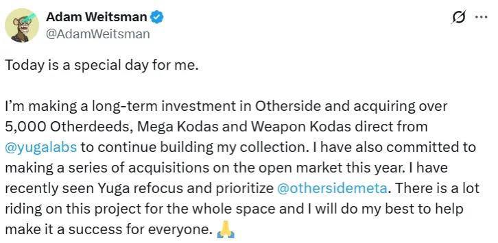 Адам Вайтсман купил 5000 NFT от Yuga Labs Адам Вайтсман - миллиардер, владелец металлургической империи.