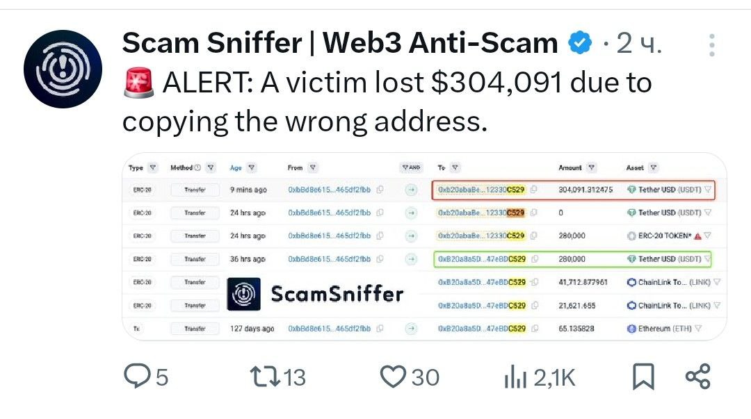 ‍ Очередной криптан потерял $304 091 из-за того, что скопировал неправильный адрес из истории переводов.    - поддерживайте канал реакцией    - подписывайтесь на Крипто Твиты