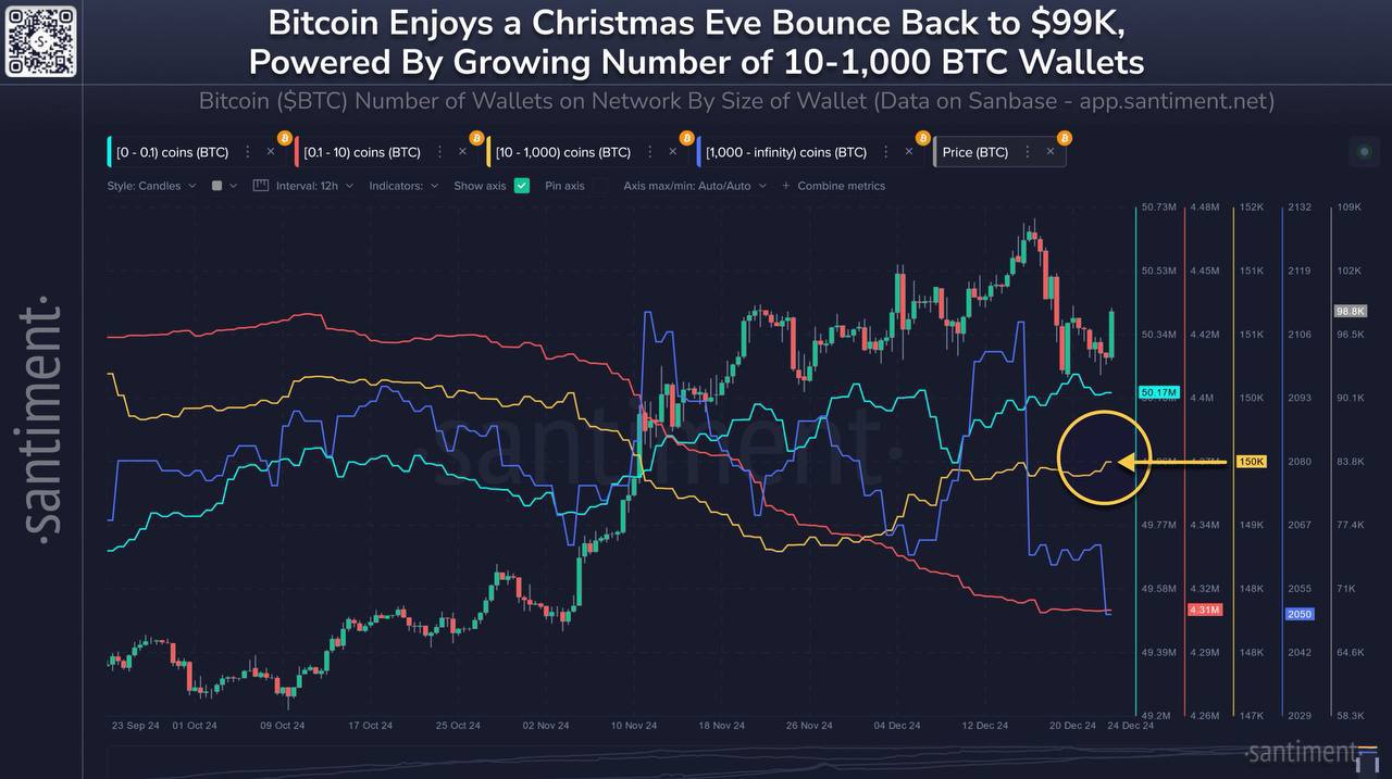 Santiment: BTC и альткоины хорошо восстановились. Количество кошельков BTC по размеру:    0-0,1 BTC-кошельков: 50.17M   0.1-10 BTC кошельков: 4.31M   10-1,000 BTC Кошельки: 150.13K   1,000+ BTC кошельков: 2,050  Особенно в двух последних группах бычий рынок имеет высокую вероятность продолжения, пока их число растет и они продолжают накапливать средства, как это происходит в течение 2024 года.