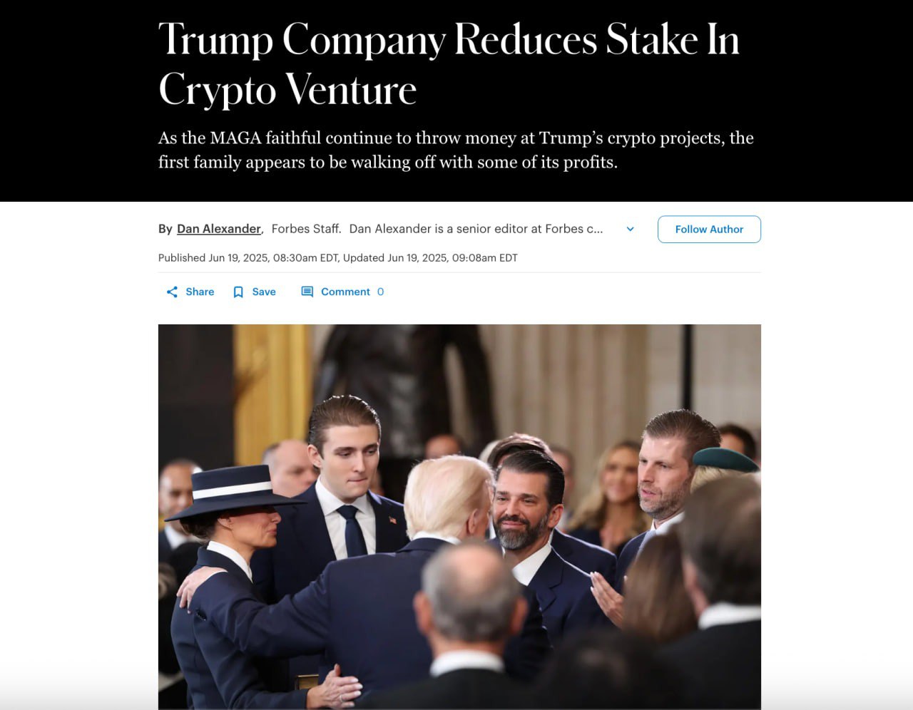 СМИ: Trump Organization сократила долю в DeFi-проекте WLFI с 60% до 40% После частичного выхода из проекта семья Трампа заработала около $190 млн, из которых примерно $135 млн — личная прибыль Дональда Трампа Похоже, кто-то уже фиксирует... Пока криптаны ждут альтсезон и держат в минусах Crypto Chat Exchange ADS