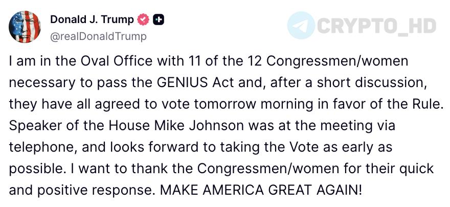 Дональд Трамп заявил, что ему удалось договориться с 11 из 12 конгрессменов, чьи голоса необходимы для продвижения закона GENIUS после провального процедурного голосования в Палате представителей. Спикер Палаты Майк Джонсон также выразил поддержку скорейшему принятию инициативы. Ранее: - призыв Дональда Трампа - анонс крипто-недели Сryptо Headlines