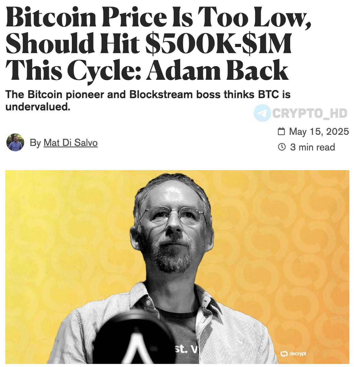 #мнение    Биткоин превысит 500,000$–1,000,000$ уже в этом цикле - CEO Blockstream  «Не вижу логичного объяснения, почему BTC только на уровне 100,000$. Все изменилось. Я жду 500,000$–1,000,000$ в этом цикле».  Факторы роста:  ⊹ Спотовые ETF в США уже принесли в крипторынок > 41,000,000,000$.  ⊹ Прокриптовалютный курс администрации Дональда Трампа.  ⊹ Психология толпы — рост привлекает новых покупателей.  ⊹ BTC следует 4-летним циклам, и мы близки к новому импульсу.  Ранее: прогноз CZ  Crypto Headlines