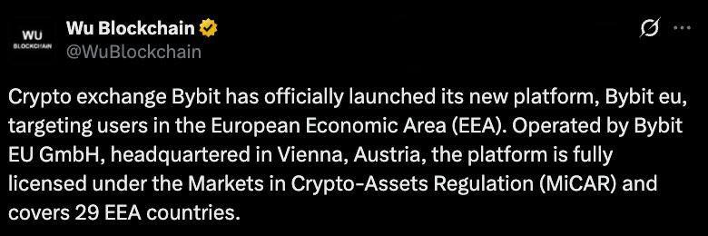 Биржа Bybit официально запустила свою деятельность в Европейском Союзе.  Компания открыла свою штаб-квартиру в Вене  Австрия . В мае Bybit получила лицензию MiCA, которая позволяет предоставлять регулируемые услуги с цифровыми активами на всей территории ЕС.  Оставайтесь в курсе последних новостей вместе с