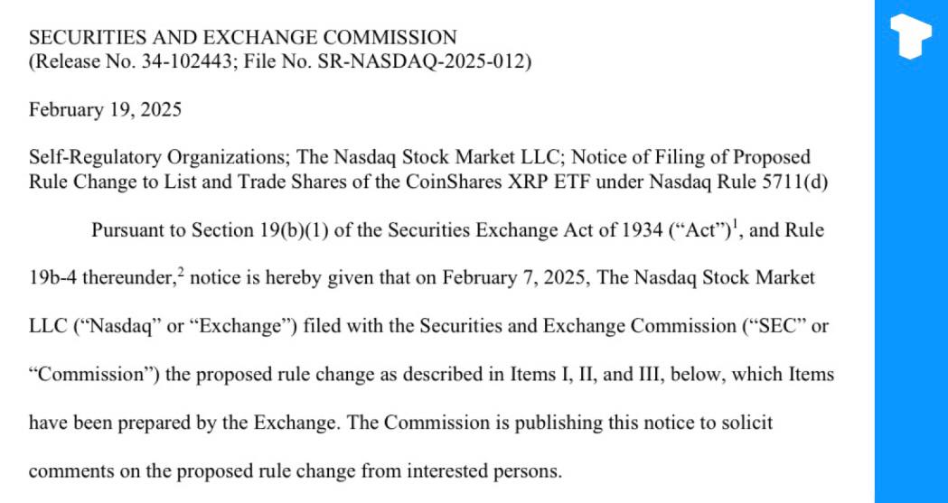 Комиссия по ценным бумагам и биржам  SEC  приняла заявку CoinShares на создание ETF на основе Ripple, начав 240-дневный период рассмотрения в четыре этапа  45, 45, 90 и 60 дней .    Телеграм  Х     Сообщество  Источник