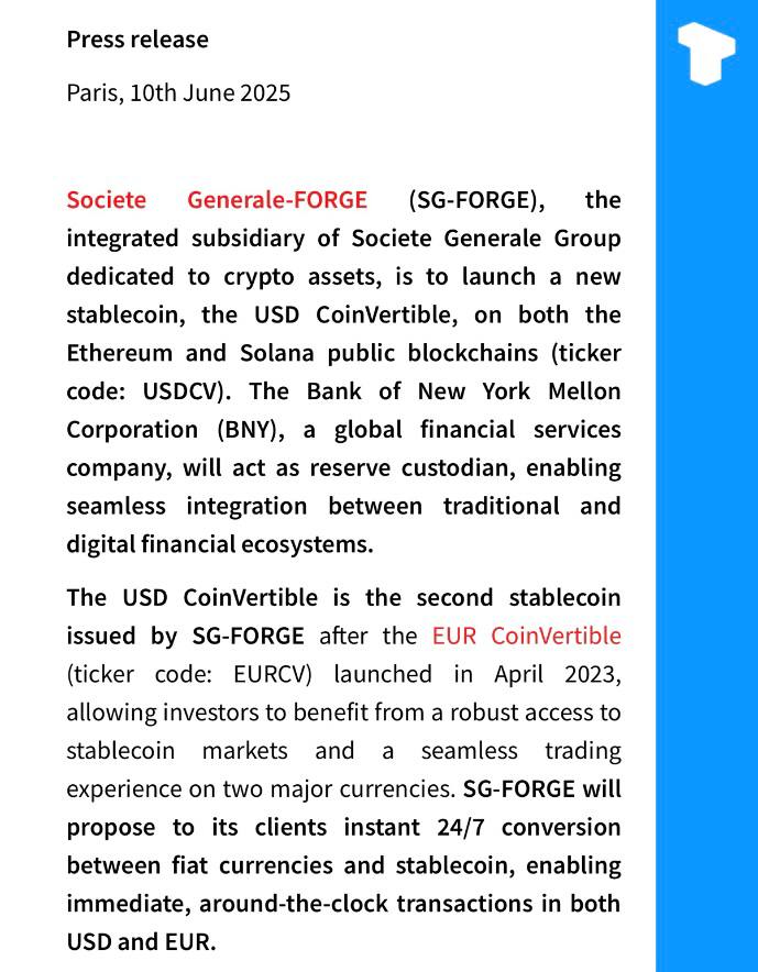 Компания Societe Generale-Forge запустила на Ethereum и Solana новый обеспеченный долларами США стейблкоин USD CoinVertible USDCV . BNY выступит как хранитель активов для токена. Это знаменует собой значительный шаг в принятии криптовалют одним из крупнейших банков Франции Телеграм Х Сообщество Источник