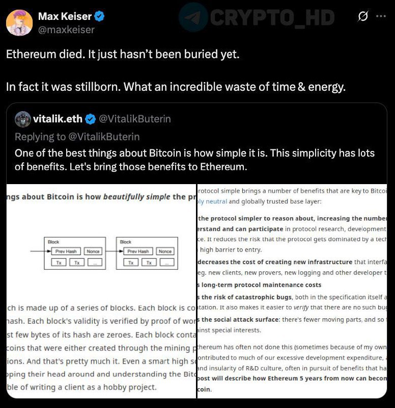#мнение #eth BTC-советник президента Сальвадора считает, что “Ethereum уже мертв” Max Keiser “Ethereum уже мертв. Его просто еще не похоронили. По сути, он был мертворожденным проектом. Колоссальная трата времени и ресурсов”. Crypto Headlines