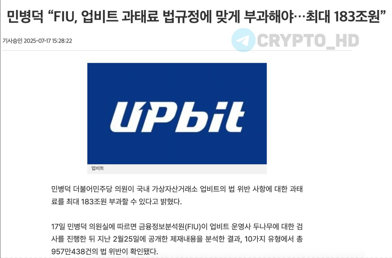 Бирже Upbit грозит рекордный штраф до 183,000,000,000,000 вон $131b в Южной Корее за массовые нарушения правил KYC. ⊹ Выявлено более 9,500,000 случаев нарушения идентификации клиентов. ⊹ Большинство нарушений – отсутствие верификации личности у пользователей. ⊹ Максимальный штраф – до 100,000,000 вон за каждый случай. Ранее: - «свой Tether» - институциональные инвестиции - национальный стейблкоин - 30% населения Crypto Headlines