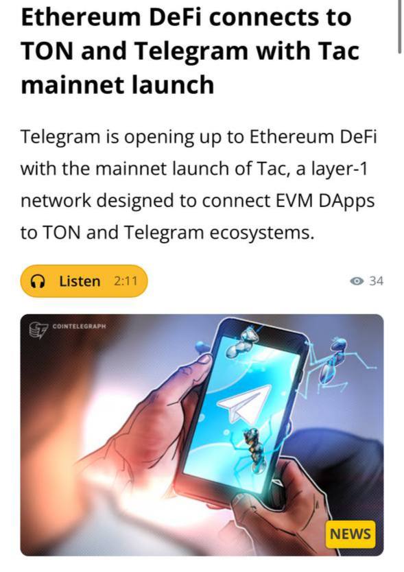 Ethereum DeFi откроет доступ к своей экосистеме для пользователей TON и Telegram через основную сеть TAC разработанную в составе The Open Platform Тем самым пользователи TON и Telegram смогут пользоваться продуктами Ethereum