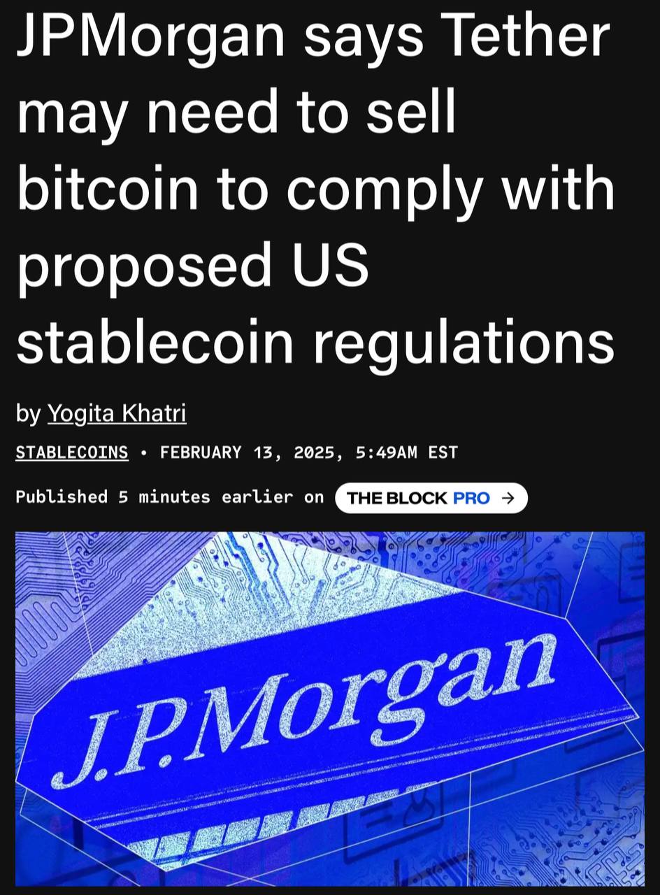 По мнению JPMorgan, Tether может быть вынужден продать биткойны, чтобы соответствовать новым регуляторным требованиям в США, касающимся стейблкоинов.