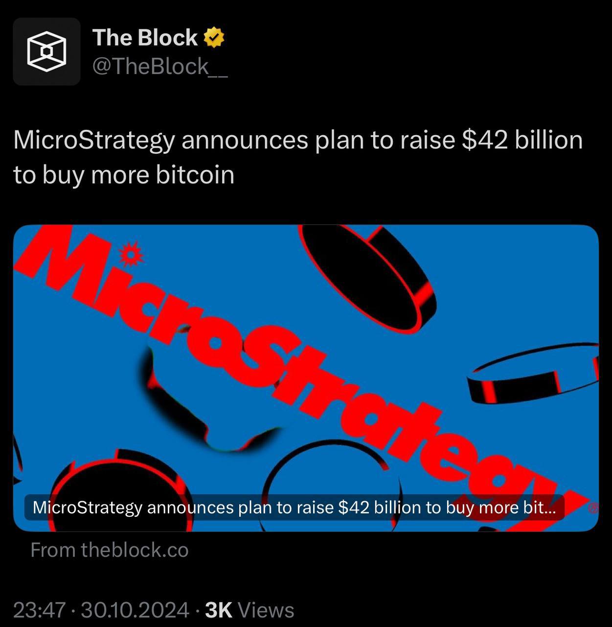MicroStrategy представила свой «План 21/21», предусматривающий привлечение капитала в размере $42 миллиардов в течение следующих трех лет Компания объявила о новом предложении акций на рынке на сумму до $21 миллиарда Они будут использованы для приобретения большего количества BTC и повышения акционерной стоимости После этого планируется повторить привлечение такой же суммы капитала Доходность MicroStrategy по BTC за год составила 17,8%