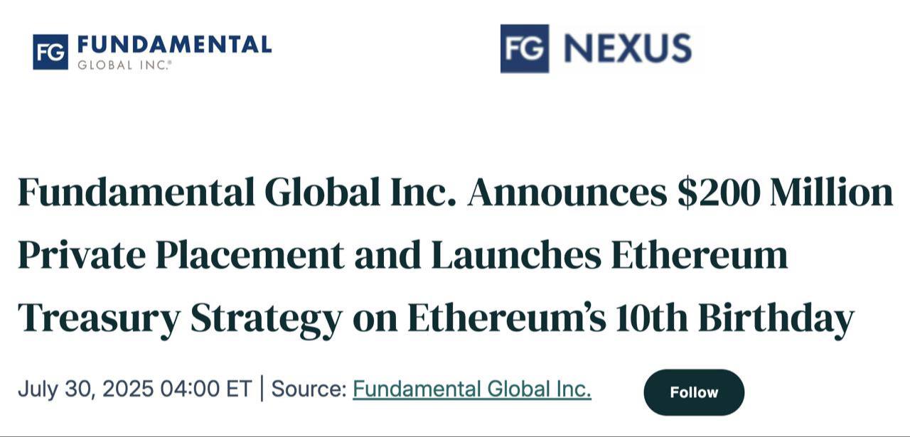 Компания FG Nexus, ранее известная как Fundamental Global, привлекла $200,000,000 для приобретения Ethereum в рамках своей новой стратегии накопления этого актива в качестве основного резервного средства. — Привлечение средств осуществлено через частное размещение, включающее 40 миллионов варрантов по цене $5. — Среди инвесторов — Galaxy Digital, Kraken, Hivemind, Syncracy, DCG и другие. — Основная цель заключается в получении дохода от стейкинга ETH и использовании актива для выхода на рынок токенизированных реальных активов RWA . Управление проектом: ⊹ Galaxy будет отвечать за казначейство и стейкинг. ⊹ Kraken обеспечит поддержку стейкинг-инфраструктуры. ⊹ Стратегию возглавит блокчейн-пионер Мая Вуйинович. ⊹ В качестве советника выступит экс-глава TD Ameritrade Джо Моглия. Оставайтесь в курсе последних новостей вместе с