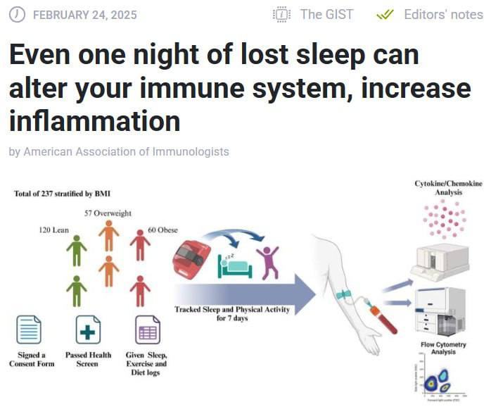 Одна бессонная ночь может ослабить иммунитет и усилить воспаление, выяснили учёные.   Они проанализировали сон 237 здоровых взрослых и сравнили их образцы крови до и после недосыпа.   Оказалось, что иммунная система чувствительна ко сну: даже небольшой дефицит повышает риск воспалений и заболеваний, включая диабет