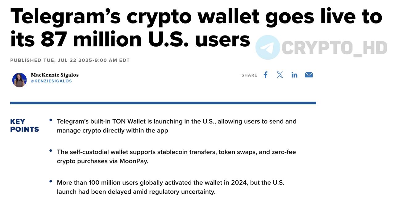 #TON Telegram Wallet теперь доступен для 87,000,000 пользователей в США – CNBC Ранее: стейкинг и торговля Crypto Headlines