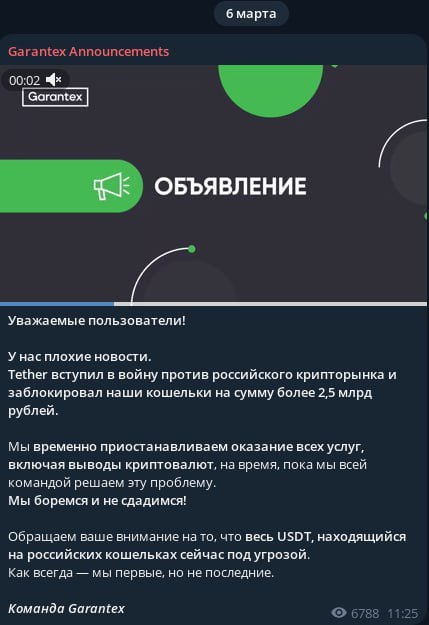 Tether заблокировал российской криптобирже Garantex активы на сумму в 2,5 миллиарда рублей.