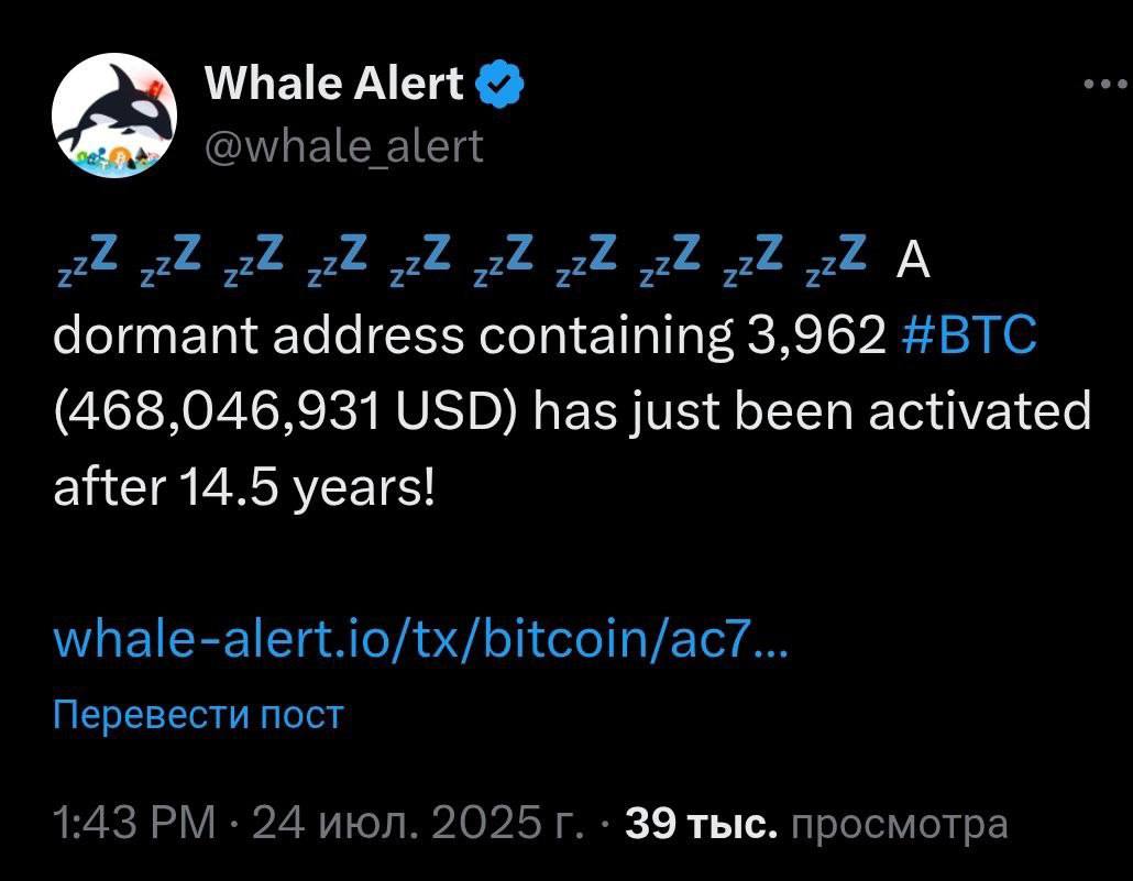 Спустя 14 лет вновь проснулся очередной $BTC кит — на его кошельке находится 3962 $BTC $468 000 000