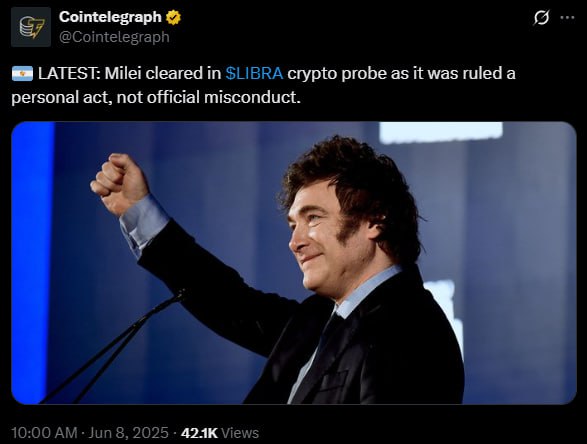 Аргентинский президент Милей оправдан по делу $LIBRA Суд признал, что его одобрение $LIBRA было личным мнением, а не официальным заявлением от имени государства. В феврале Милей публично поддержал мемкоин $LIBRA — его цена взлетела с $0.000001 до $5.50, а объем торгов достиг $4,6 млрд. Вскоре после этого произошёл скам: из ликвидности вывели около $99 млн, управляемых 8 связанными с девами кошельками. Что думаете? — Согласен с решением суда — После такого должен быть импичмент — В тюрьму!