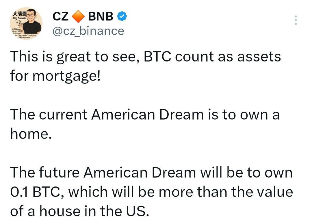 CZ одобряет ипотеку под залог биткоина" «Приятно видеть, что BTC считаются активами для ипотеки! Нынешняя американская мечта - это собственный дом. Будущей американской мечтой станет владение 0,1 BTC, что будет больше, чем стоимость дома в США» - поддерживайте канал реакцией - подписывайтесь на Крипто Твиты