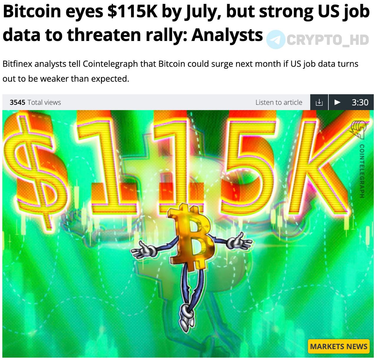 #мнение Аналитики Bitfinex прогнозируют рост Биткоина до 115,000$ уже к июлю – original Слабые макроданные по рынку труда США завтра способны поддержать нарратив дезинфляции и ускорить решение ФРС о снижении ставки – бычий сигнал для BTC. Но возможна коррекция BTC при сильных макроданных по рынку труда США – ФРС не станет торопиться со снижением процентной ставки. При медвежьем сценарии Биткоин может откатиться в диапазон 95,000-97,000$, где возможно накопление. Crypto Headlines