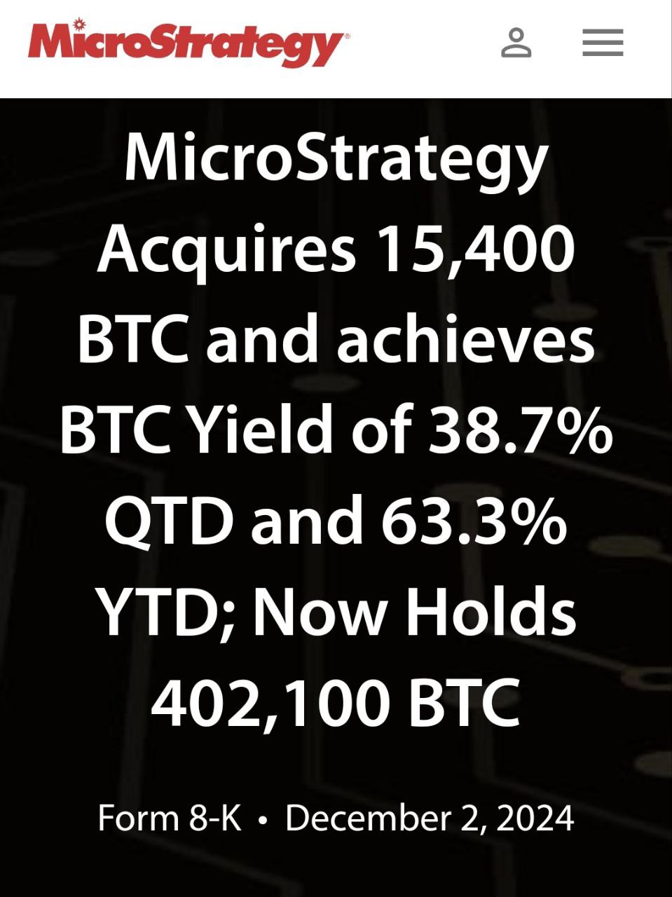 Компания MicroStrategy приобрела еще 15 400 BTC на ~$1,5 млрд по цене ~$95 976 за биткоин  По состоянию на 2.12.2024 у компании 402 100 BTC на сумму ~$23,4 млрд со средней ценой ~$58 263 за BTC    - поддерживайте канал реакцией    - подпишитесь на Крипто Сливы