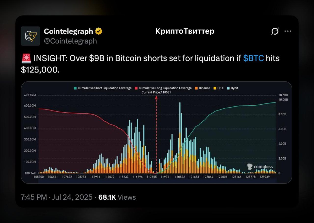 Ликвидация на $9 млрд. Если BTC дойдёт до $125,000, на рынке ожидается ликвидация шортов больше чем на $9 млрд. Сейчас шортисты рискуют попасть под самый массовый шорт-сквиз за год — на графике видно, как объём ликвидаций взлетает на уровне $125K. Кто не успеет закрыть позицию — окажется под катком. Будет весело, если биток продолжит рост. Ликвидация — топливо для ралли.